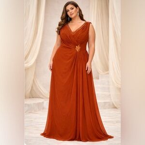 Rust Orange Formal Gown Beaded Neckline Evening Dress. P2P 25” Size 20